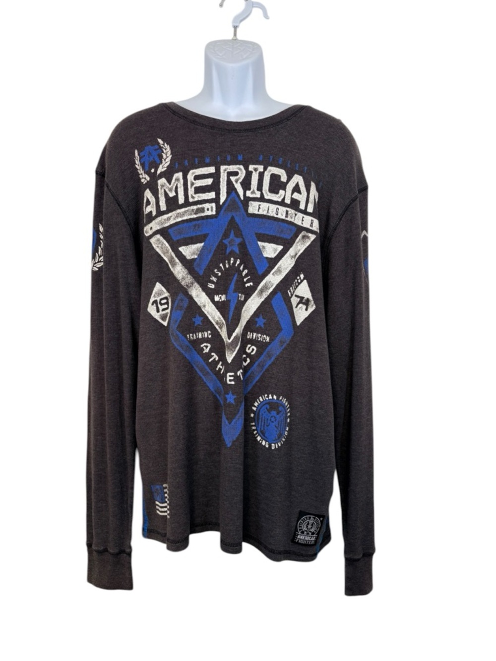 American Fighter Graphic Long Sleeve Thermal Tee XXL Black Blue Distressed